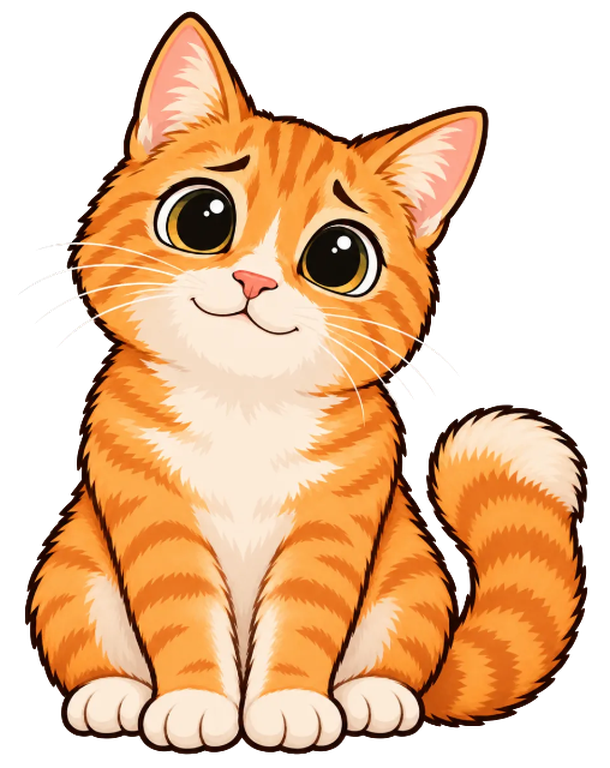 The orange tabby cat sitting upright, smiling with hopeful eyes.