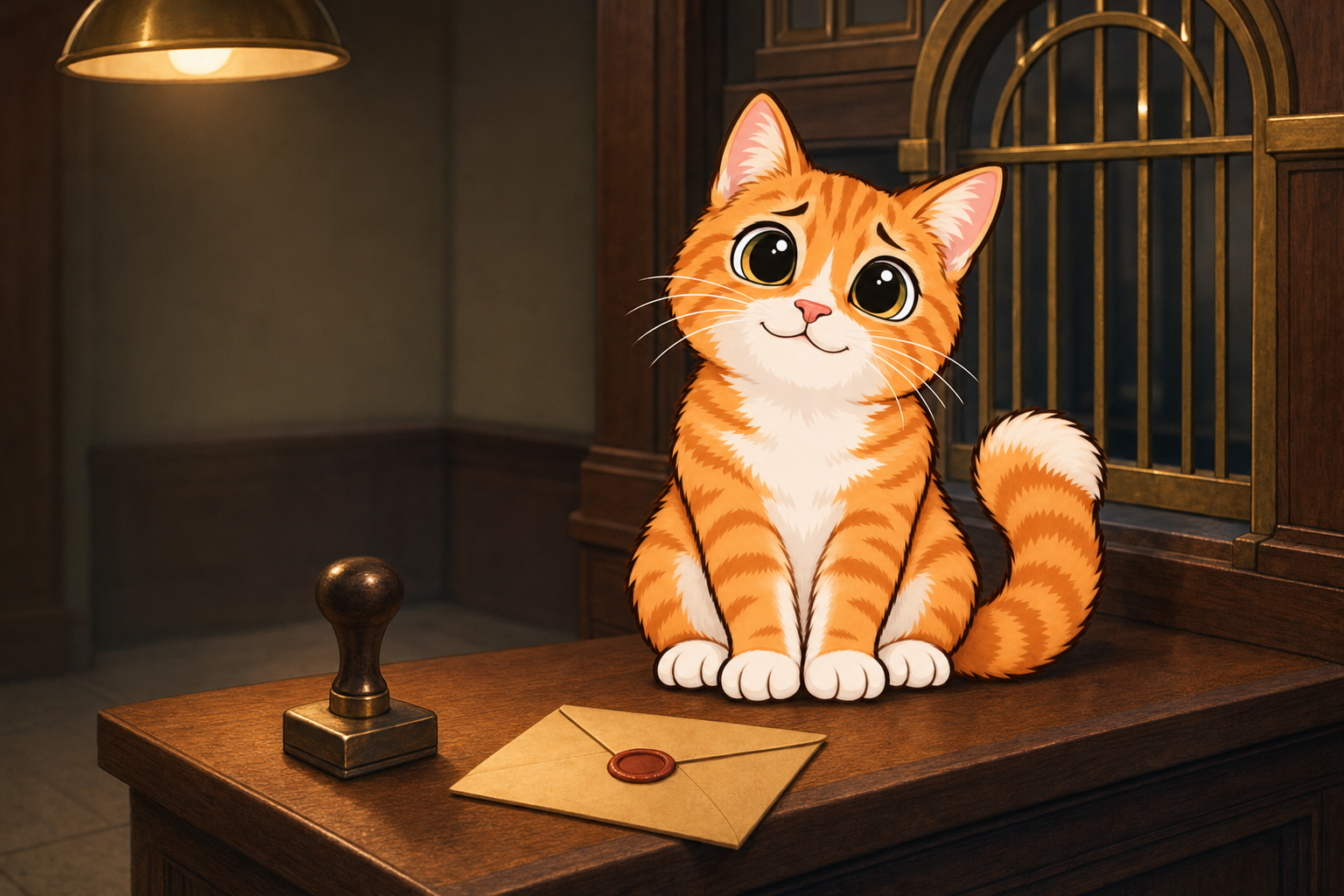 An orange tabby cat sitting on a wooden bank counter beside a rubber stamp and a sealed envelope, looking up hopefully under a brass lamp.