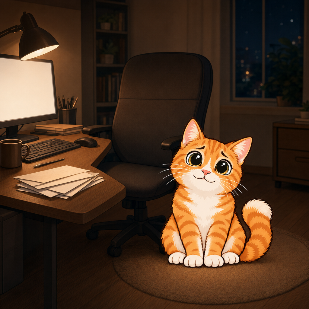 The orange tabby cat sitting on a round rug beside an empty office chair, a desk with a glowing monitor and a stack of papers behind him at night.
